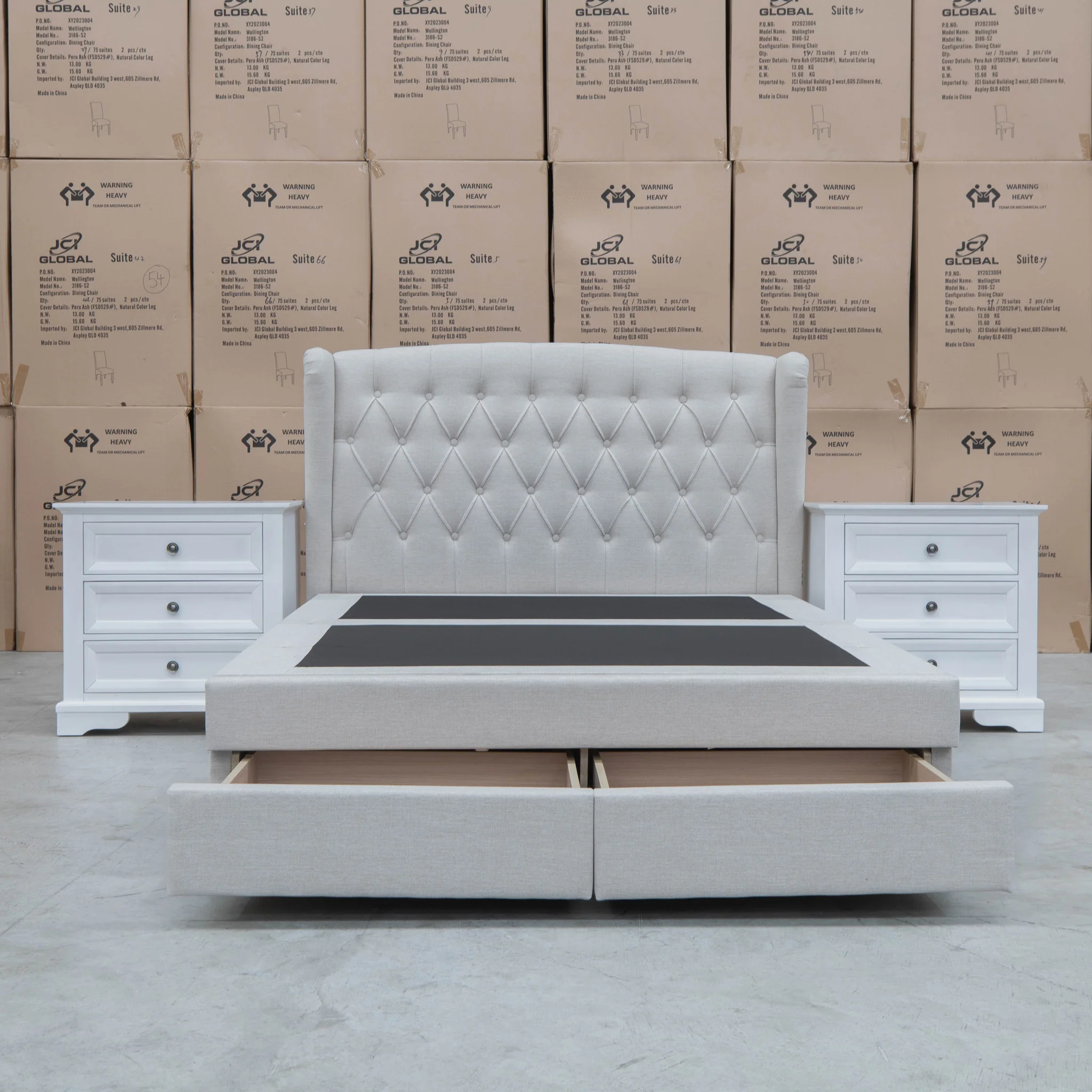 Amelia King Fabric Gas Lift Storage Drawer Bed - Oat White - Image 10