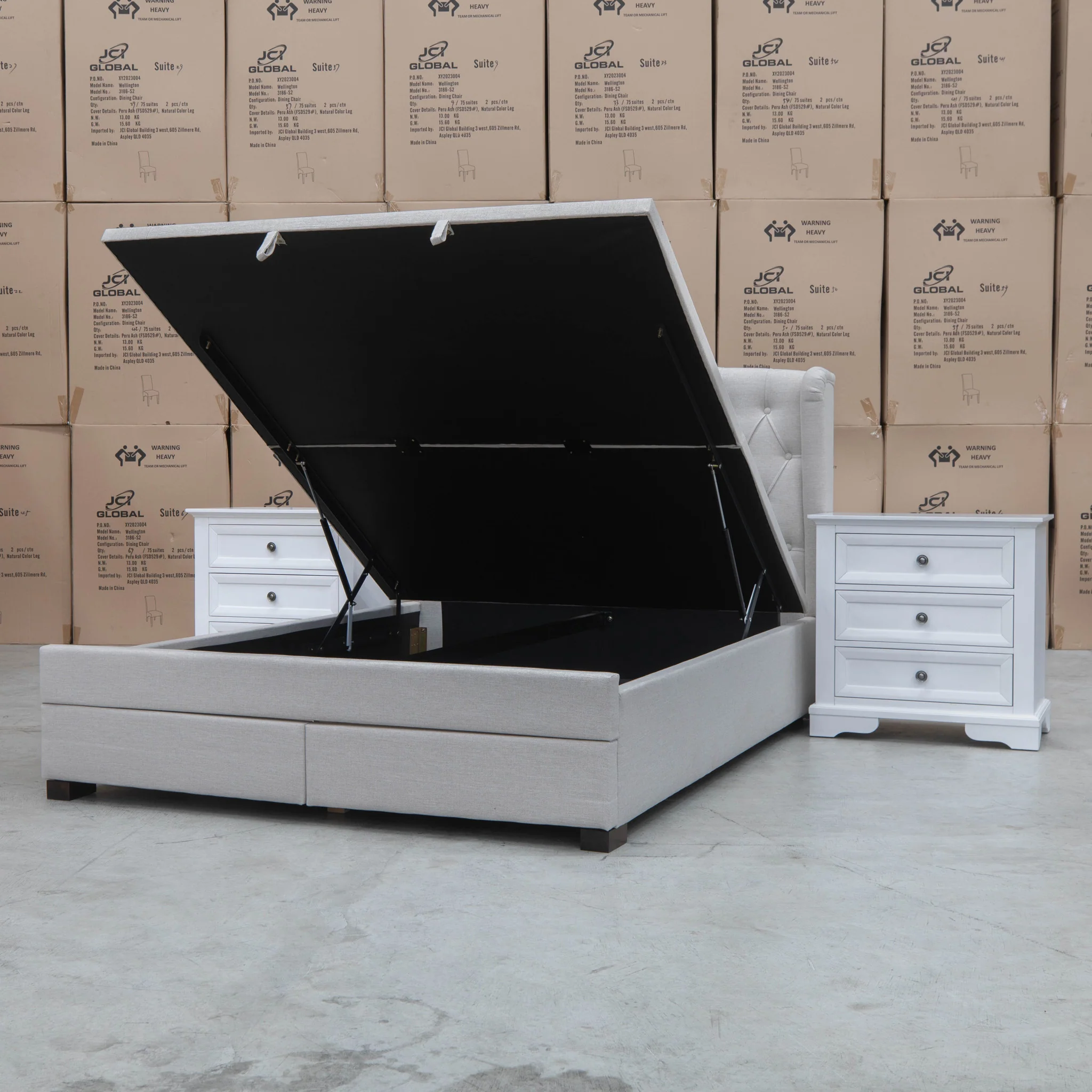Amelia King Fabric Gas Lift Storage Drawer Bed - Oat White - Image 17