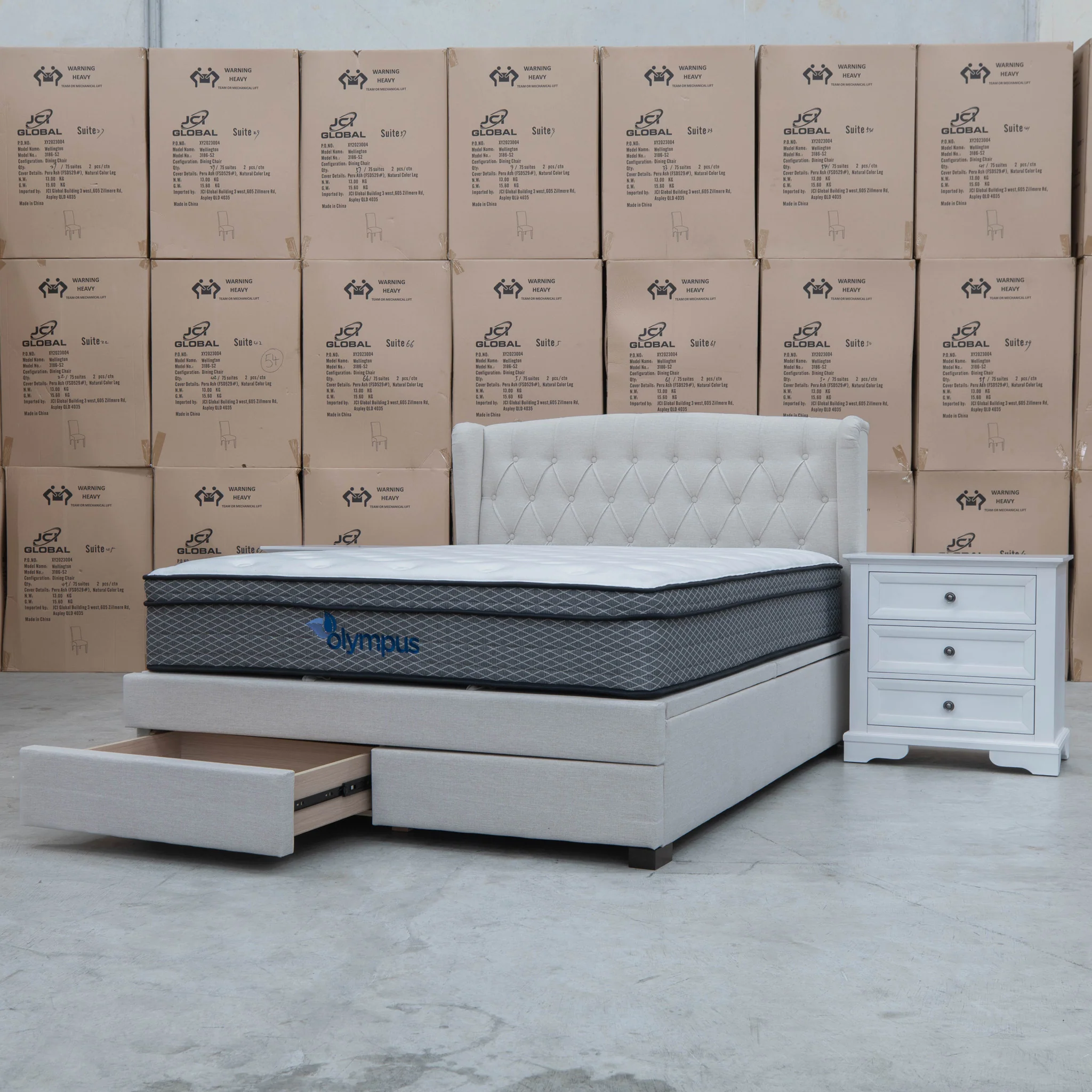 Amelia Queen Fabric Gas Lift Storage Drawer Bed - Oat White - Available After 13th March