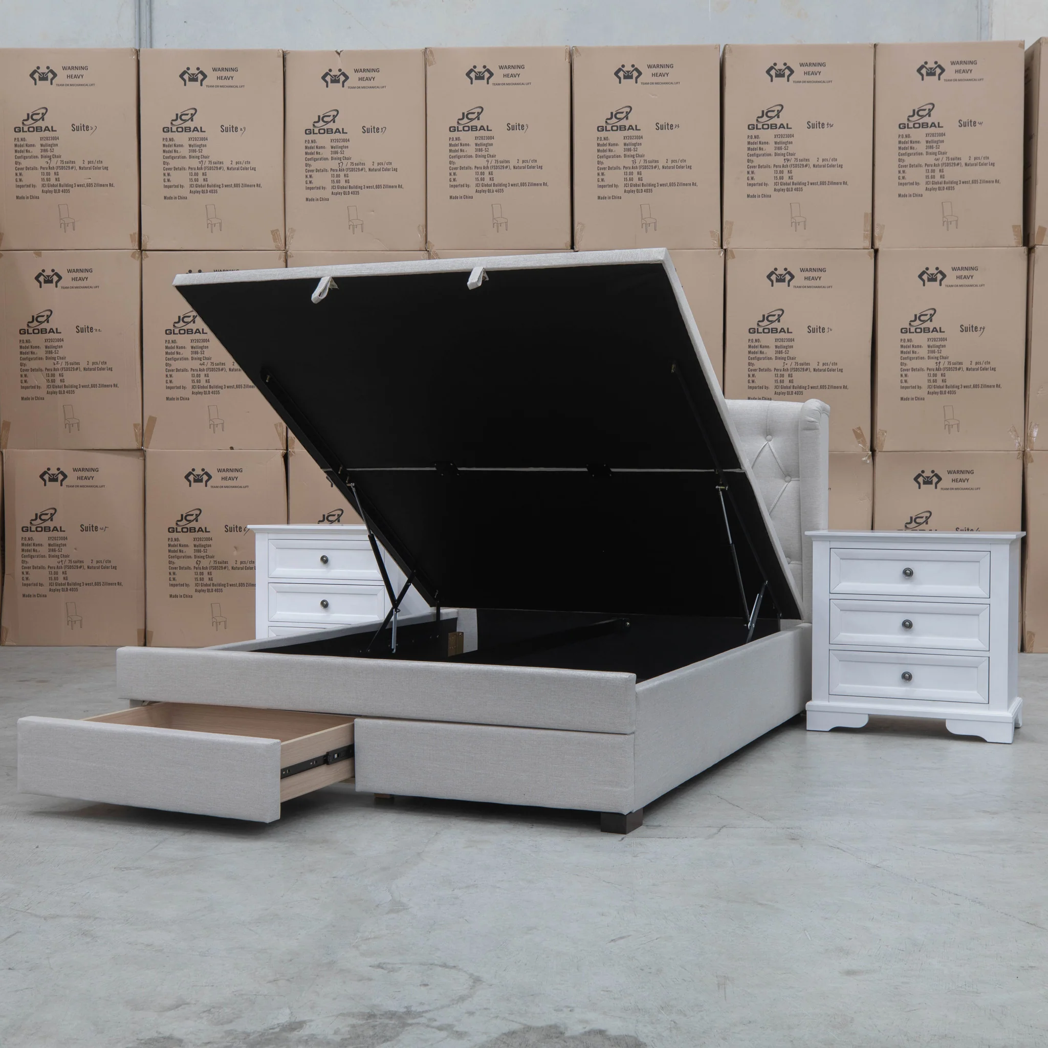 Amelia Queen Fabric Gas Lift Storage Drawer Bed - Oat White - Available After 13th March - Image 20