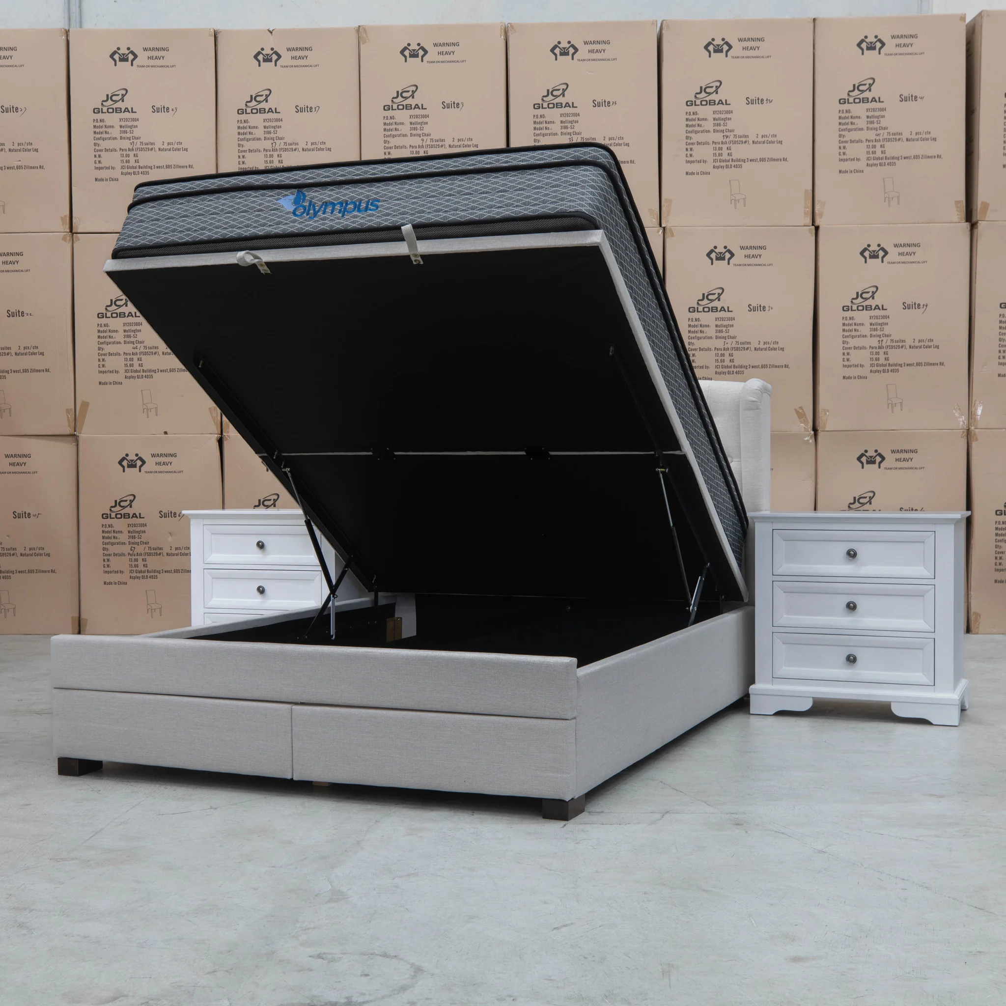 Amelia Queen Fabric Gas Lift Storage Drawer Bed - Oat White - Available After 13th March - Image 4
