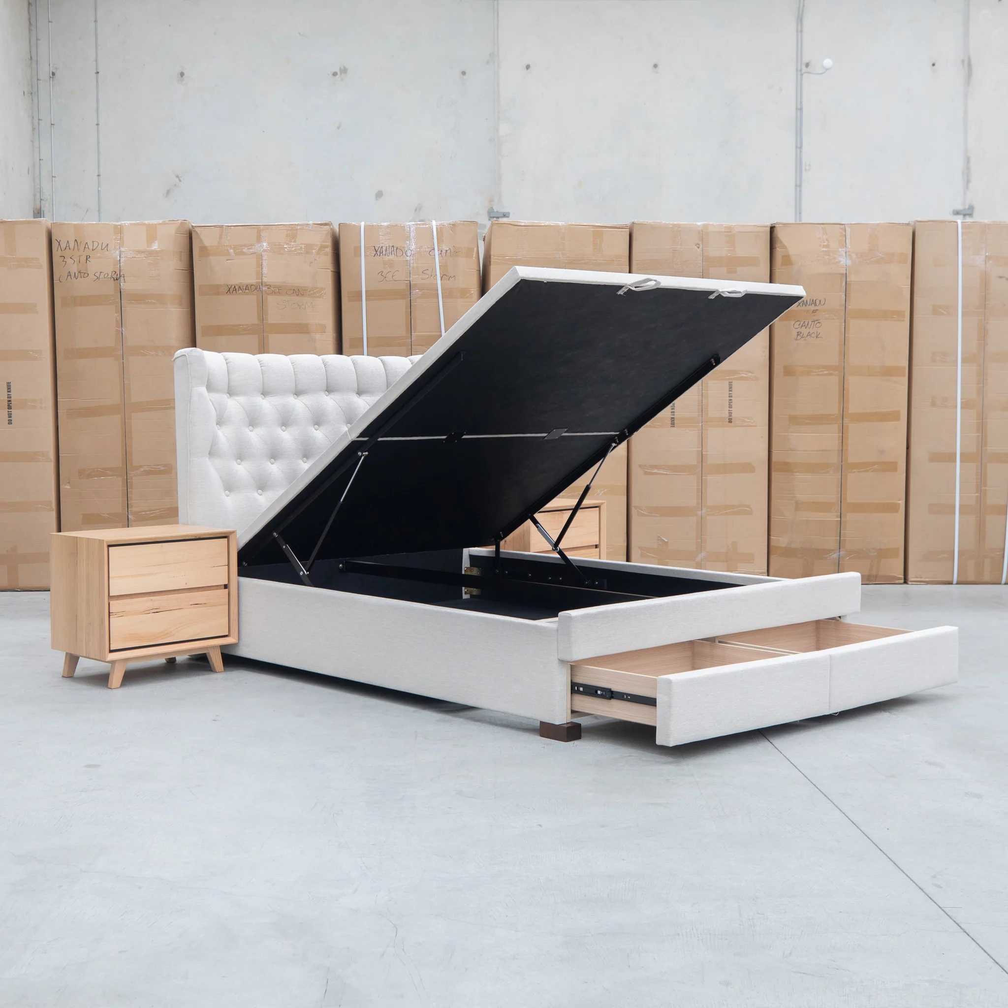 Blake Queen Upholstered Gas Lift Storage Bed - Oat White - Image 2