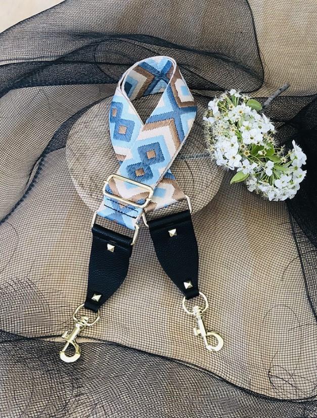 Bo Ho - Blue & Beige - Bag Strap - Silver Hardware