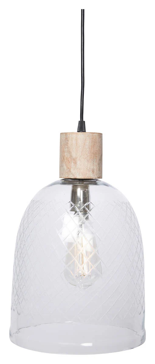 Byron Curved Cut Glass & Wood  Pendant Light  - Clear/White Wash - VE50 - Available In-Store Only
