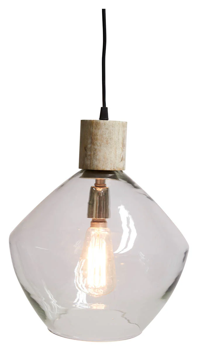 Classic Glass and Wood Pendant Light  - Clear/White Wash - VE44 - Available In-Store Only