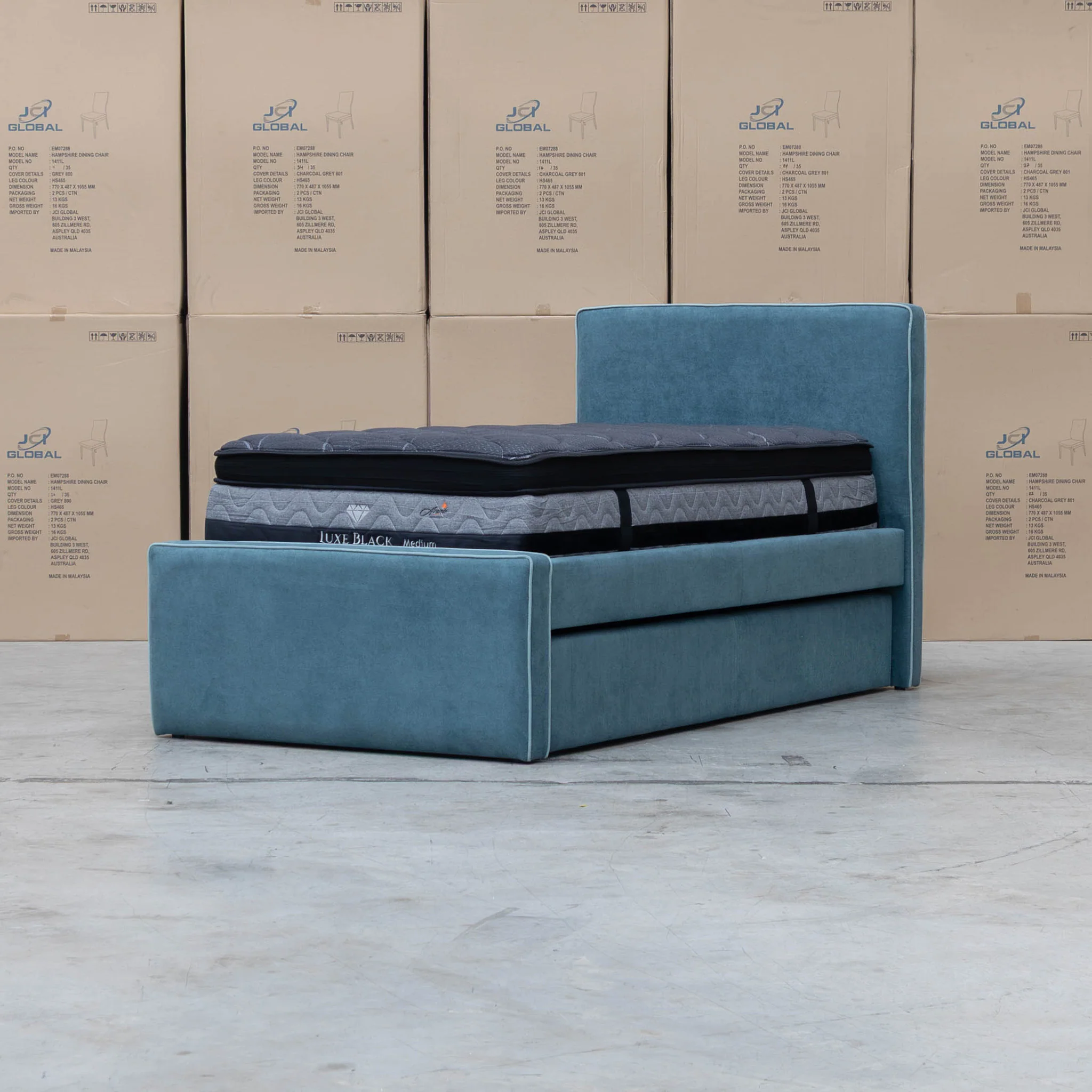 Coco Single Fabric Trundle Bed - Teal (Reversible Trundle) - Image 10