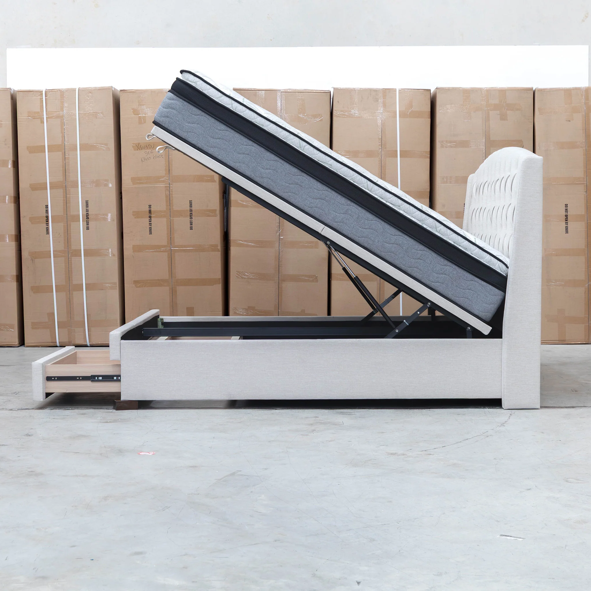 Emily King Fabric Gas Lift Storage Drawer Bed - Oat White - Image 7