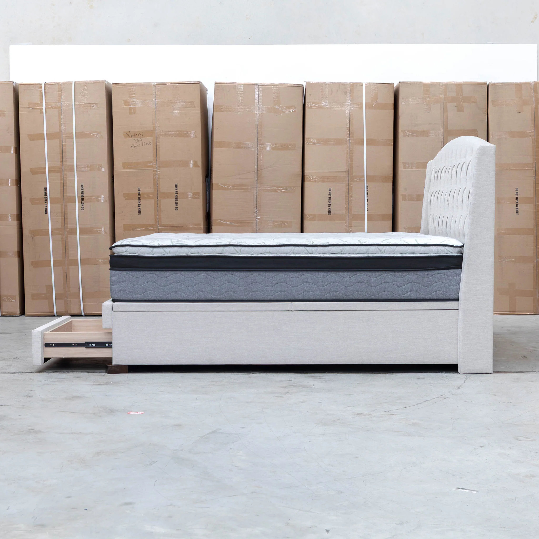 Emily King Fabric Gas Lift Storage Drawer Bed - Oat White - Image 8