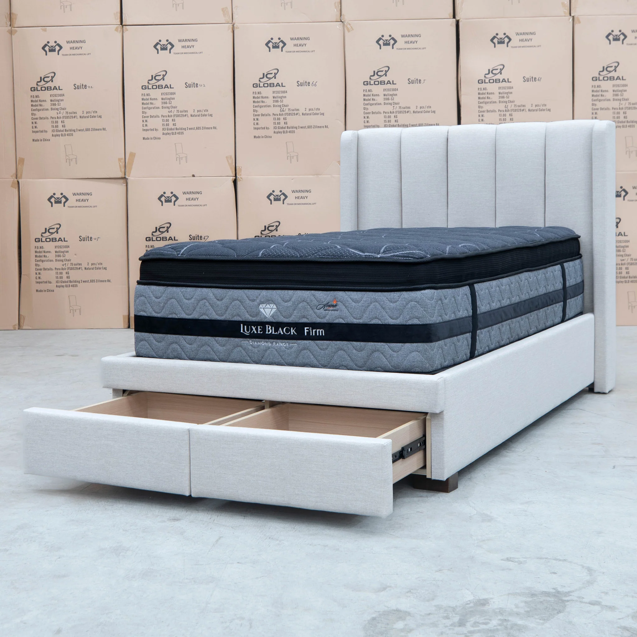 Hudson King Single Fabric Storage Bed - Oat White - Available After 13th March - Image 12