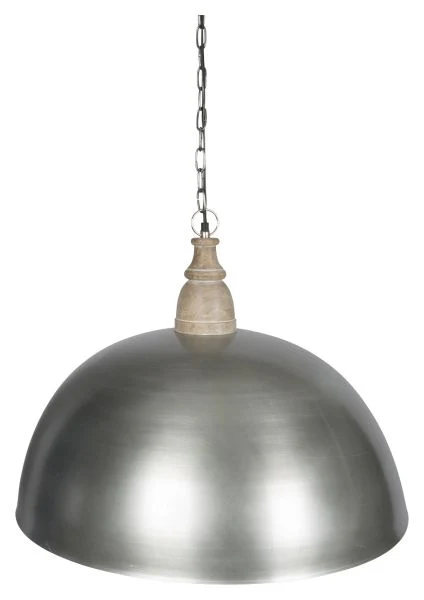 Large Iron Pendant Light with Wood Top - Antique Silver/White Wash - VE42 - Available In-Store Only