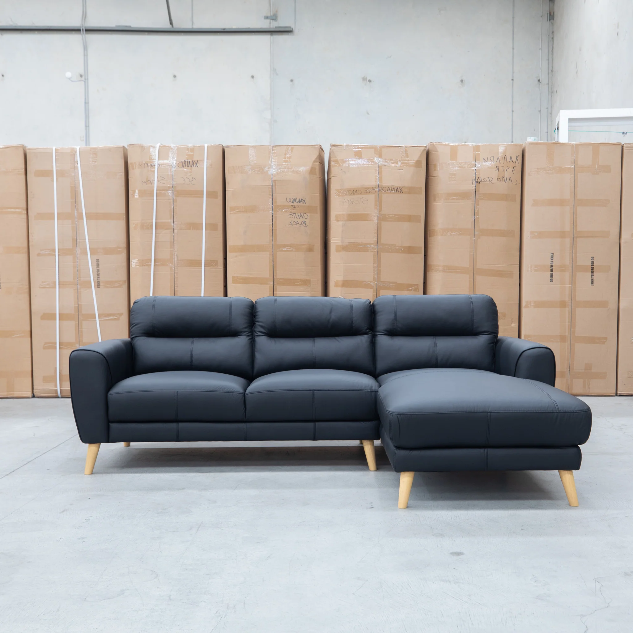 Nevada Three Seat RHF Leather Chaise Lounge - Black - Image 2