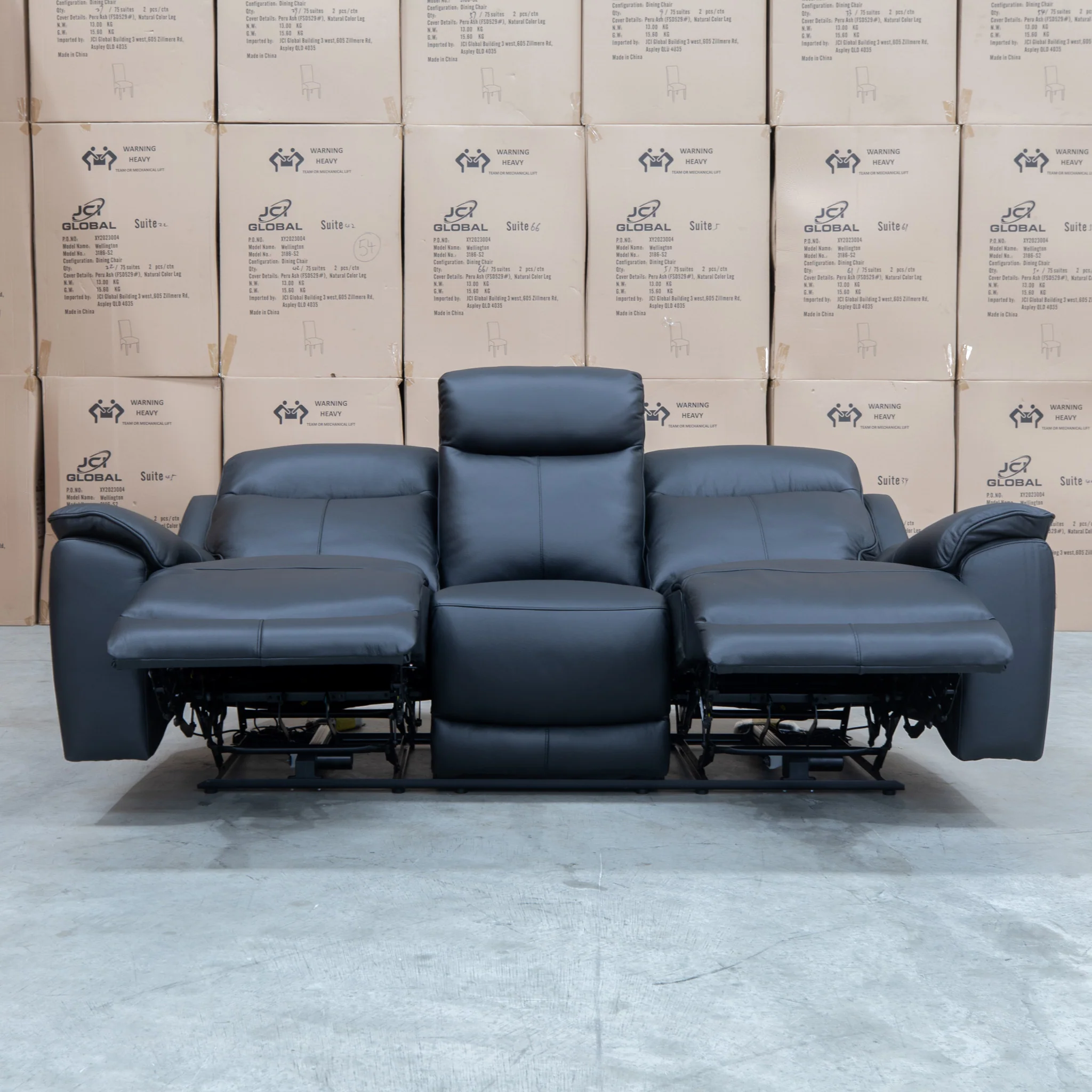 Panama Three Seater Triple Motor Electric Recliner Lounge - Black Leather - Image 4