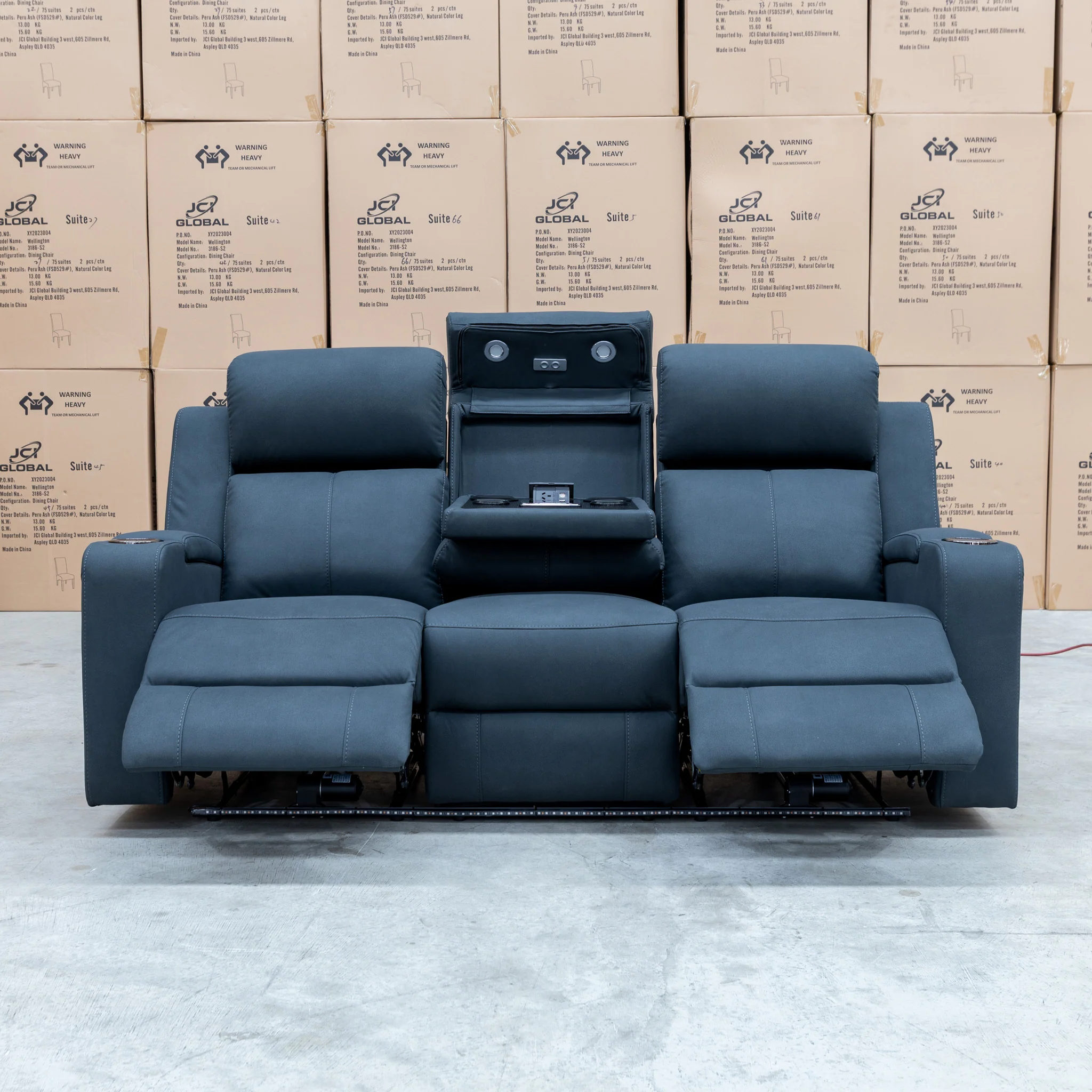 Xanadu Three Seater Dual Motor Electric Recliner Lounge - Black Rhino Suede - Image 7