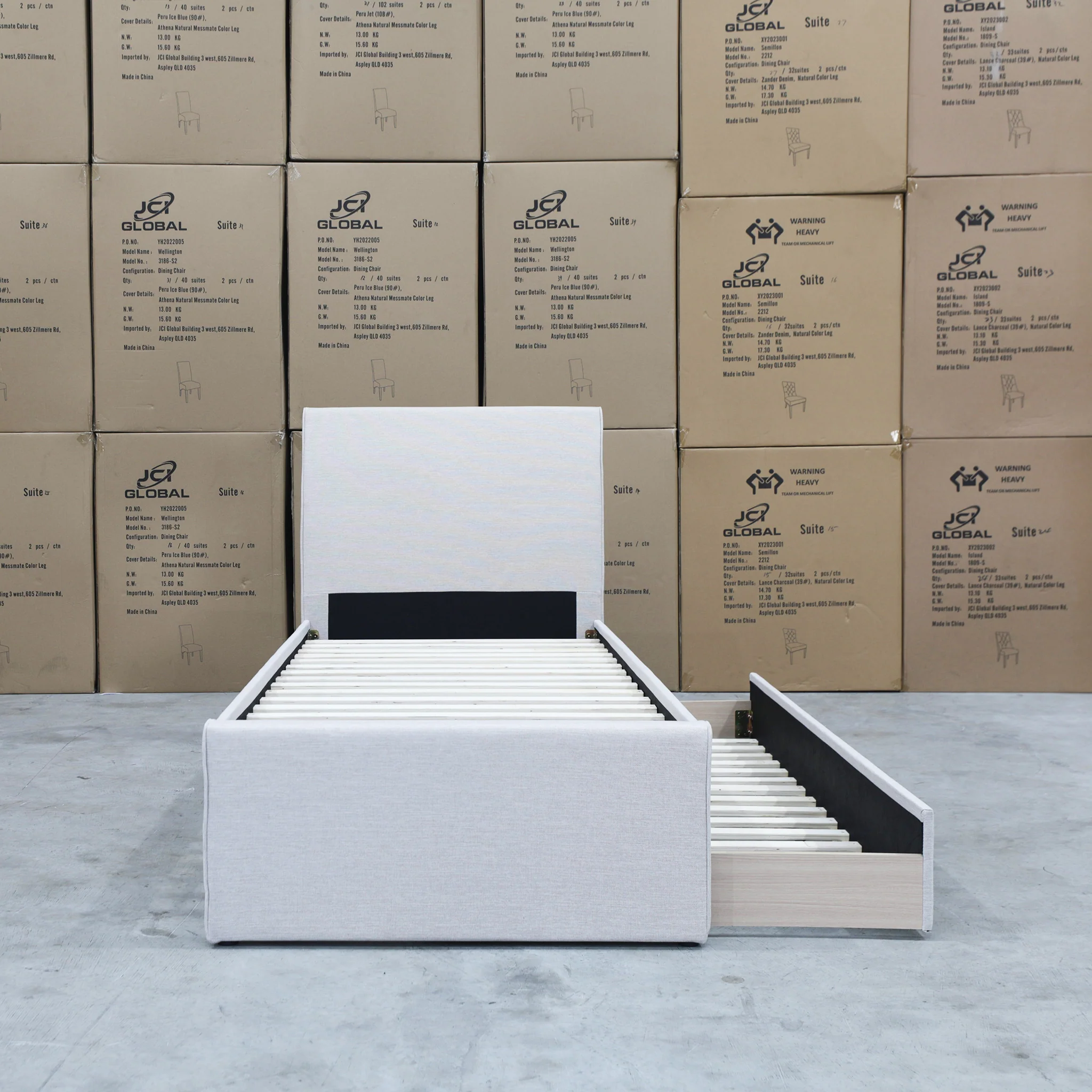 York King Single Fabric Trundle Bed - Oat White (Reversible Trundle) - Available After 13th March - Image 4